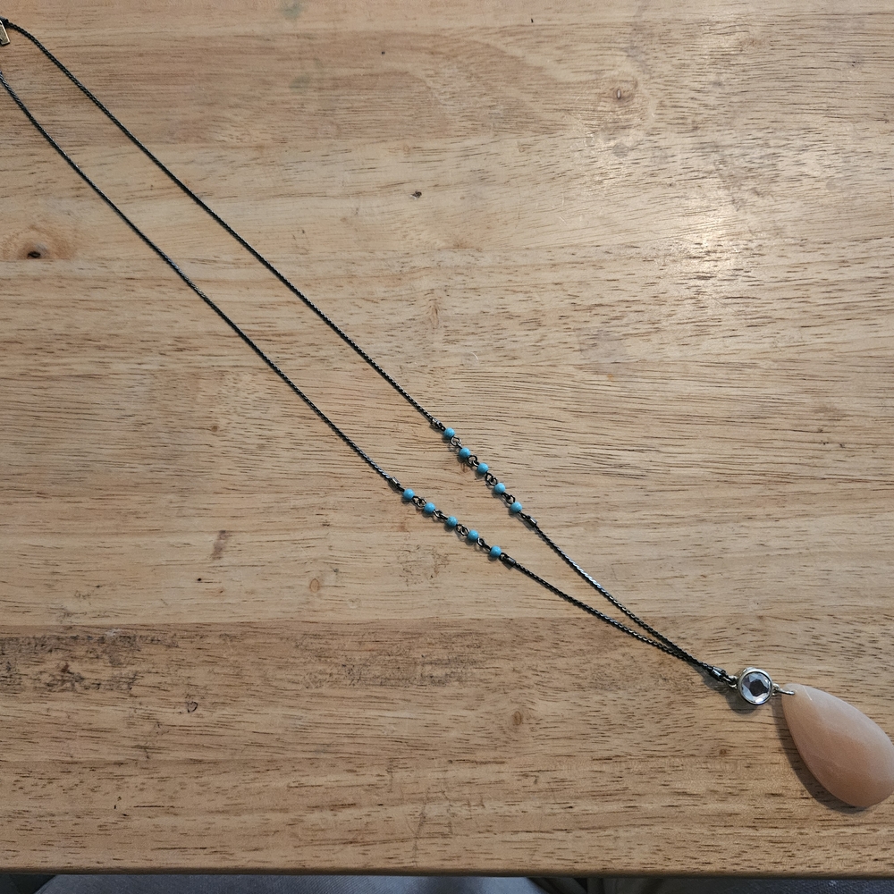Lane Bryant Bronze and Turquoise Beaded Necklace with Peach Teardrop Pendant